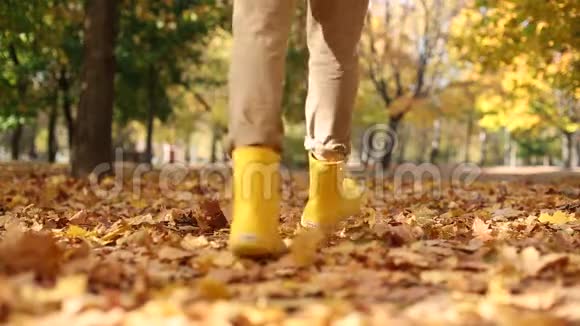 秋天的树叶落了女孩黄色的靴子视频的预览图