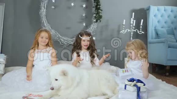 神奇的新年孩子们穿着白色连衣裙和人造雪在工作室与宠物的冬季摄影视频的预览图