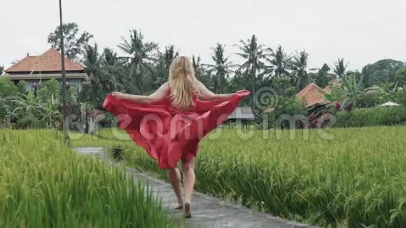 慢镜头拍摄一个美丽的女孩长着一头金色的长发穿着一件红色的连衣裙一条长长的丝绸裙子顺着这条裙子跑过来视频的预览图