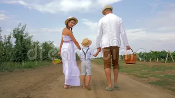 农村家庭在收获庄稼时在葡萄园和苹果园背景下用草篮行走后景视频的预览图