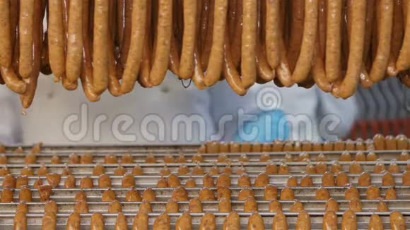 新鲜香肠放在肉类加工厂的货架上视频的预览图