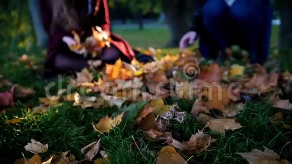 秋天公园里的女孩坐在草地上抱着橙色的叶子视频的预览图