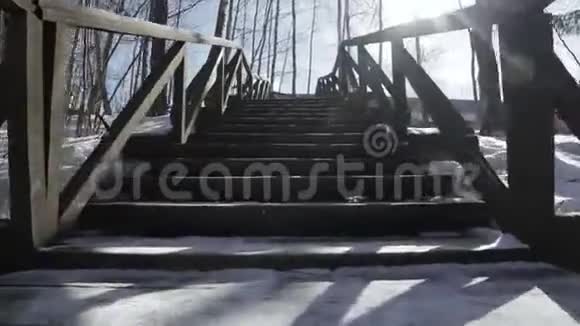 冬季在森林公园的木制楼梯上行走低波维景视频的预览图