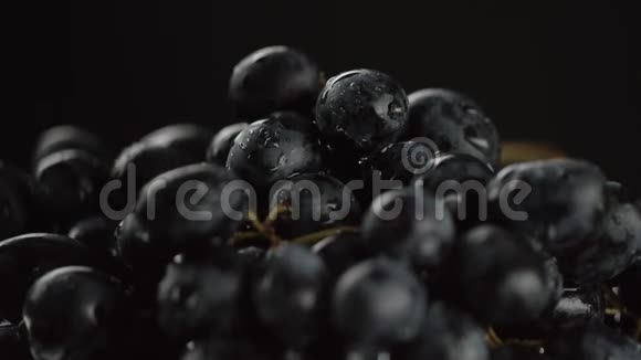 在视频中我们看到葡萄在视频的中间水开始从顶部倒入特写黑色背景视频的预览图