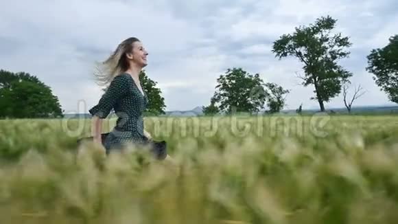 年轻快乐的金发女孩在雨天的背景下晚上跑在绿色的麦田上侧视图视频的预览图