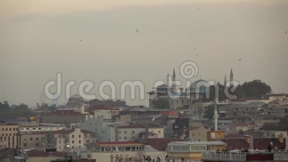 伊斯坦布尔老城区上空的飞鸟在多云的天空中有历史建筑慢动作全高清视频240fps视频的预览图