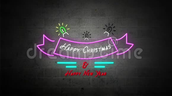 圣诞快乐砖墙上的新年霓虹灯标志视频的预览图