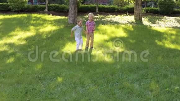 日落时分两个小男孩在公园的草地上奔跑视频的预览图