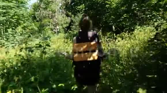 夏天在森林里的一个国家公园里一个背着背包在野花的田野里散步的女游客女孩视频的预览图