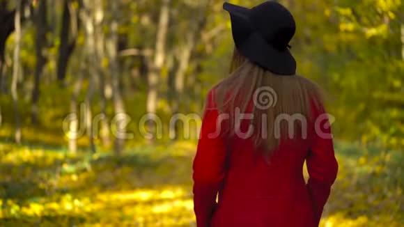美丽的微笑女孩戴着黑色的帽子背景中有一片黄色的枫叶在秋天的森林里行走慢慢视频的预览图