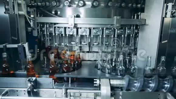 威士忌和白兰地生产线工厂机器将酒精倒入瓶子中关闭视频的预览图