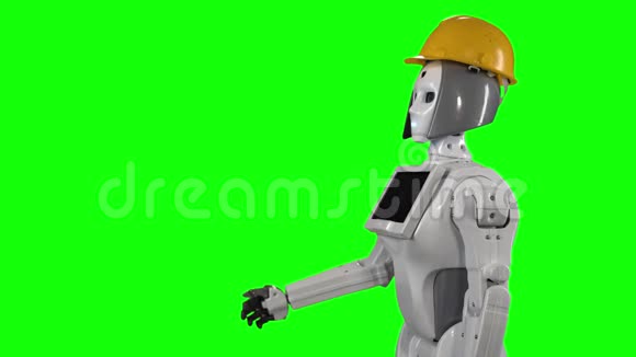 机器人在一个建筑工人头盔挥手打招呼和交谈绿色屏幕侧视图视频的预览图