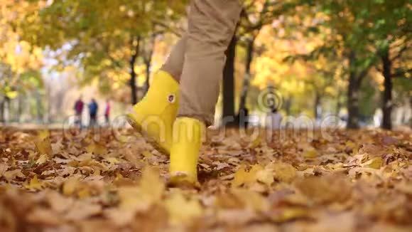 秋天的树叶落了女孩黄色的靴子视频的预览图