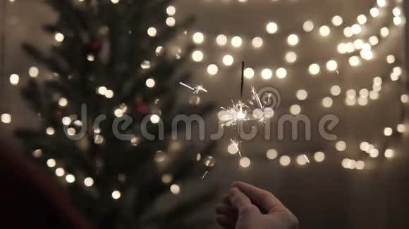 派对上拿着圣诞树灯的女人视频的预览图