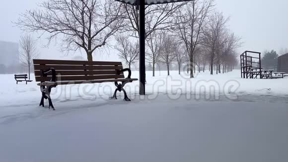 白天与公园长凳的雪景白雪皑皑的风景公共公园的建筑笼罩着乌云视频的预览图