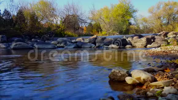 河流瀑布鱼步后面的大型巨石水渠中的简易鱼梯环绕美丽的树木视频的预览图
