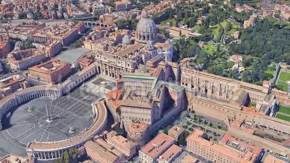 梵蒂冈圣彼得教堂从高空起飞的居民区视频的预览图