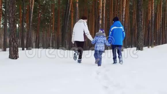 一个女人带着两个孩子走在森林里一条白雪覆盖的小路上后视图视频的预览图