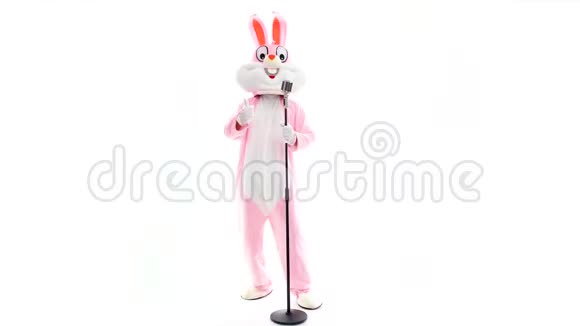 生活大小填充复活节兔子在复古麦克风唱歌庆祝复活节在白色背景上跳舞有趣快乐视频的预览图