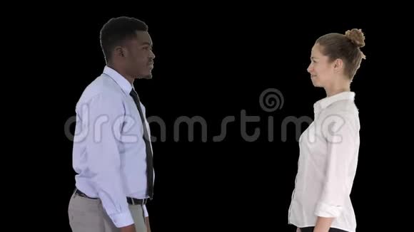 为照片摆姿势的商务女性和商务男性握手阿尔法频道视频的预览图