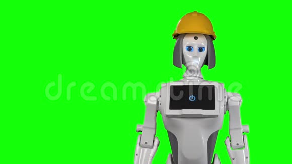 机器人在一个橙色的建设者的头盔波浪嗨绿色屏幕慢动作视频的预览图