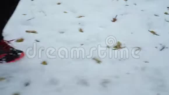 冬季森林中运动员脚在雪道上奔跑视频的预览图