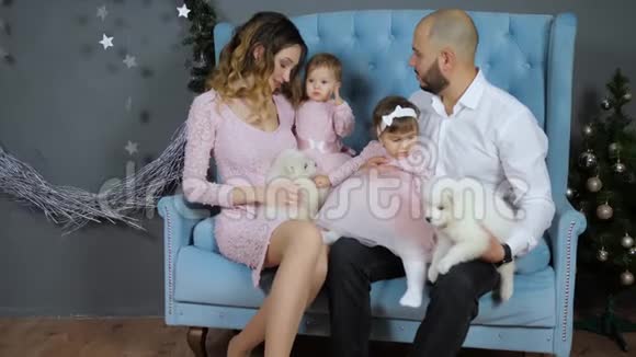 新年带着孩子和白毛绒小狗的父母在拍照时在蓝色沙发上玩得很开心视频的预览图