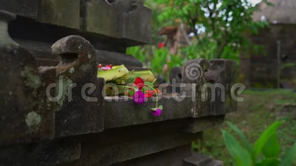 在当地寺庙里向众神提供巴厘岛祭品的特写镜头巴厘岛的传统巴厘印度教视频的预览图