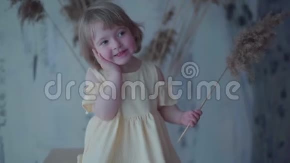 有趣的小女孩微笑着在家玩和摆姿势拍照慢动作视频的预览图
