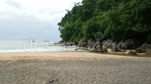 海湾里有陡峭的悬崖和浅沙的海滩冲浪声和蝉鸣声视频的预览图