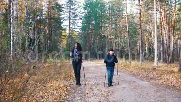 一个年轻的女人和一个男孩在斯堪的纳维亚漫步在森林里野营视频的预览图