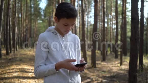 站在松林上用智能手机发短信的小男孩视频的预览图