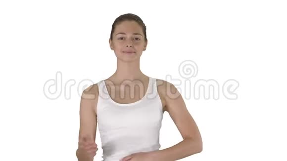 快乐的女人深呼吸在白色背景上做运动视频的预览图