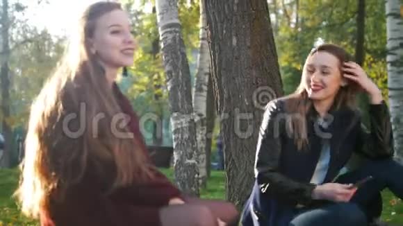 两个女孩坐在公园的毯子上互相交谈视频的预览图