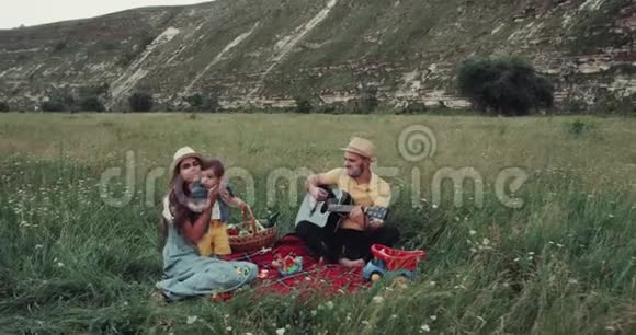 和一个年轻的家庭一起野餐的美好时光男人在弹吉他视频的预览图