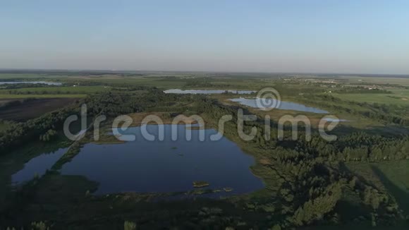 空中飞过被森林包围的蓝色湖泊视频的预览图