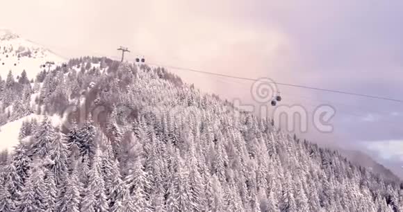 鸟瞰雪山森林谷带蓝天缆车升降户外雪高山度假胜地野生自然游客视频的预览图