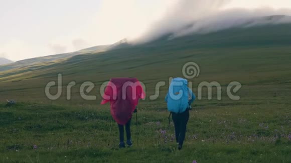 在山区山谷和阴峰背景下的草地上行走的游客视频的预览图