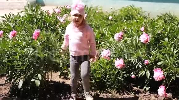 儿童过敏童女嗅着牡丹花的香气打喷嚏视频的预览图