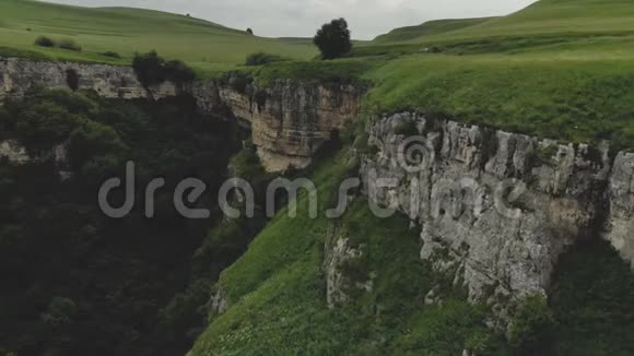 鸟瞰峡谷中的悬崖河流流过它山区的夏季景观视频的预览图