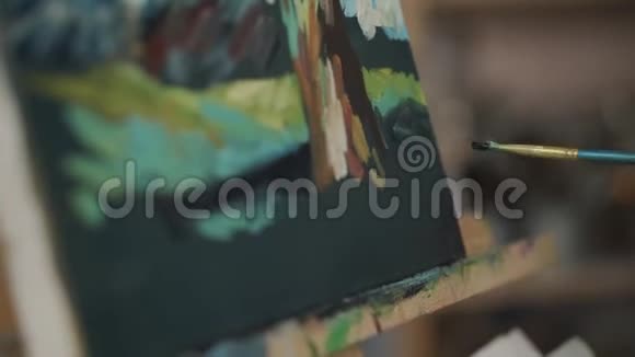 艺术家正在画布上涂上丙烯酸颜料的笔画特写视频的预览图