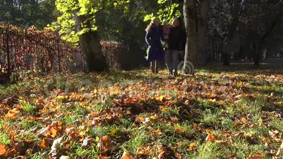 幸福的家庭与年轻的儿子在秋天的季节公园牵手散步4K视频的预览图