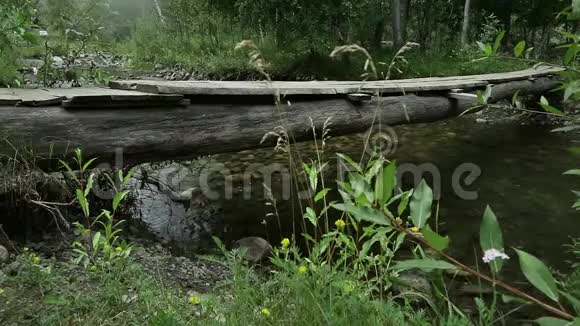 女人的腿沿着一座狭窄的木桥走在一条山河上野营和冒险概念视频的预览图