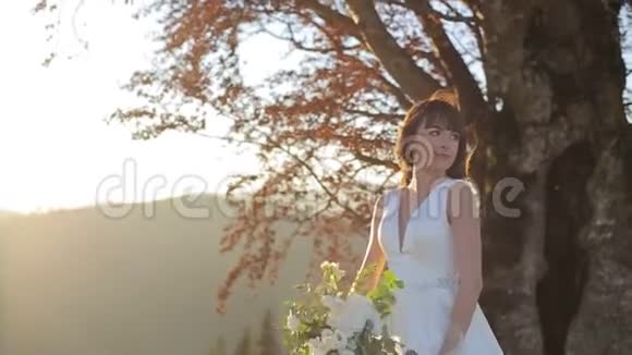 新娘婚礼在日落时在树和山的背景上举行婚礼花束太阳从外面下山视频的预览图