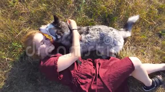 美丽的女人金发躺在草地上拥抱她的哈士奇狗年轻女孩在一起视频的预览图
