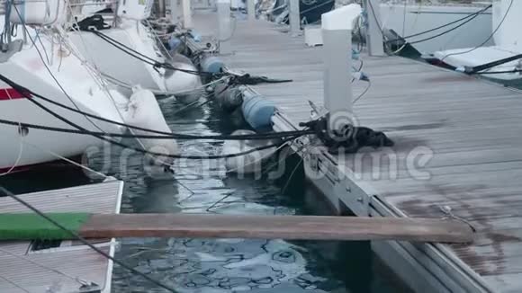 从游艇到浮动码头地板上的黑色系泊装置视频的预览图