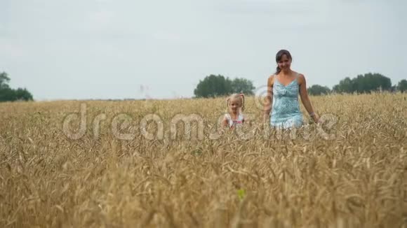 小女孩与妈妈在麦田散步视频的预览图