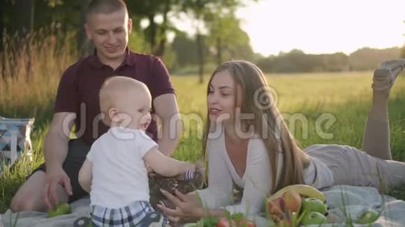 快乐的一家人在婴儿夏夜野餐视频的预览图