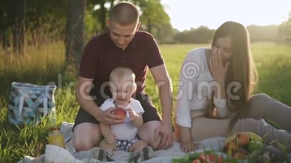 快乐的一家人带着婴儿在夏天在绿色公园野餐视频的预览图