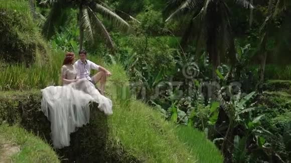 新婚夫妇坐在巴厘岛的米台上摆姿势牵手拥抱浪漫的婚礼视频的预览图